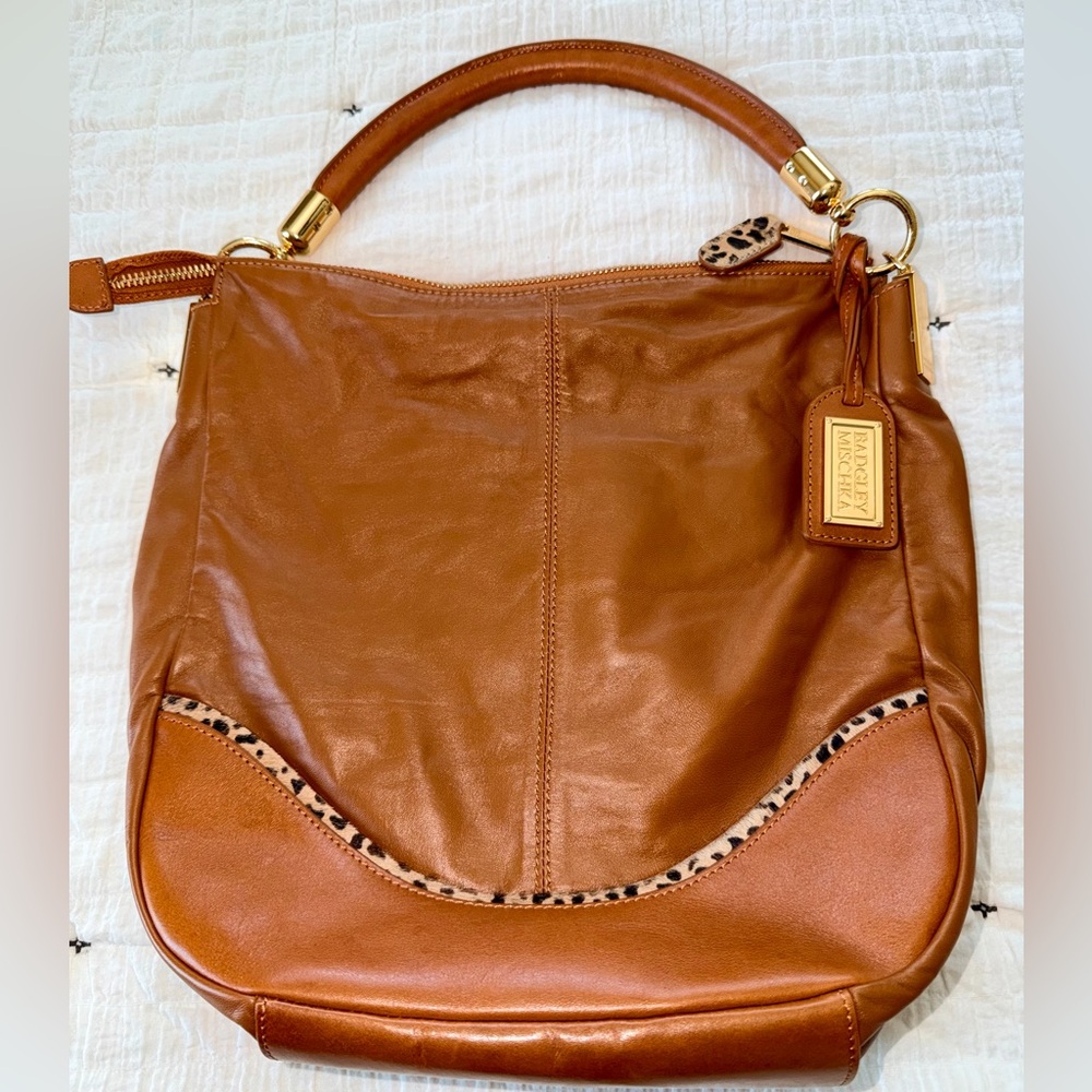 Badgley Mischka Brown Leather Shoulder Bag leopard trim
